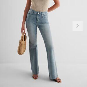 Express Mid Rise Light Wash Raw Hem FlexX '70s Flare Jeans